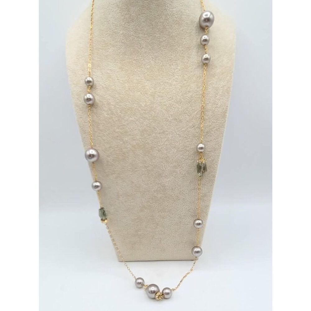 J Crew Gray Faux Pearl Station Necklace with Gray & Clear Crystals